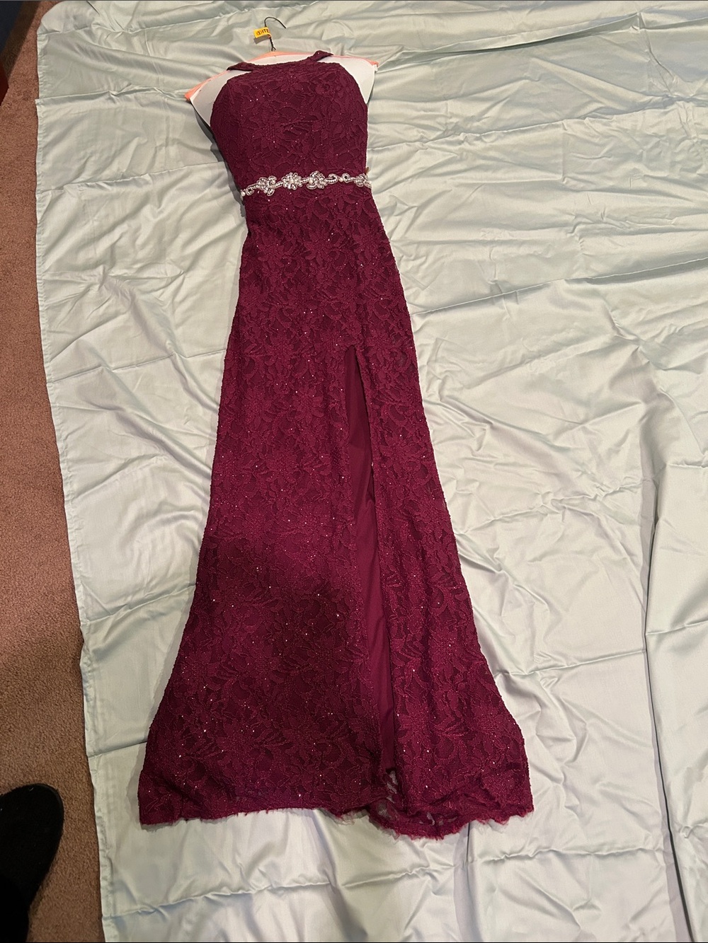 Elegant Burgundy Lace Evening Gown with Beaded Waist
